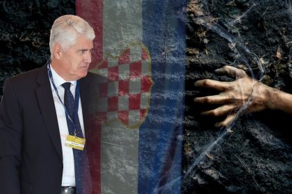Dragan Čović lider BiH Hrvata, zastava Herceg-Bosne i ruka u grču.