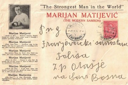Arhivski materijal, personalizirana omotnica hrvača Marijana Matijevića s početka 20. stoljeća.