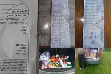 Kolaž fotogorafija u jednoj slici. Računi, prehrambeni artikli.