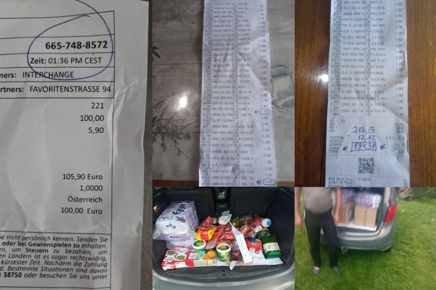 Kolaž fotogorafija u jednoj slici. Računi, prehrambeni artikli.