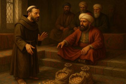 Ilustracija: Prikaz plaćanja usluge travničkom begu od strane franjevaca za vjesku slobodu.