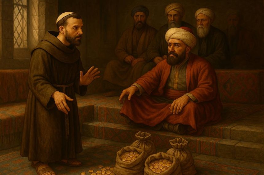Ilustracija: Prikaz plaćanja usluge travničkom begu od strane franjevaca za vjesku slobodu.