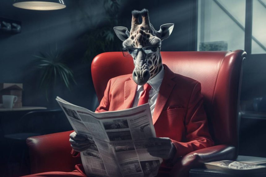 Ilustracija, žirafa zavaljena u fotelju čita novine.