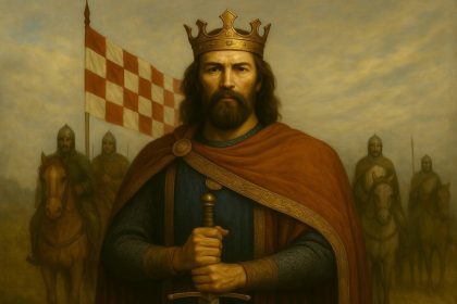 Ilustracija: Tomislav prvi hrvatski kralj drži mač ispred svojih vitezova.