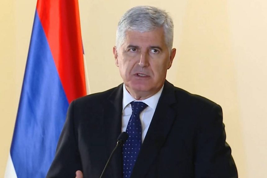 Predsjednik HDZ BiH, Dragan Čović za govornicom ispred zastave Republike Srpske.