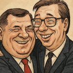 Karikatura Milorada Dodika i Aleksandra Vučića u prijateljskom zagrljaju, satirični prikaz političke povezanosti i regionalnih ambicija.