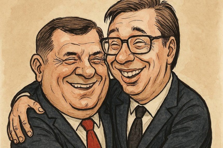 Karikatura Milorada Dodika i Aleksandra Vučića u prijateljskom zagrljaju, satirični prikaz političke povezanosti i regionalnih ambicija.