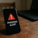 Pametni telefon na drvenoj površini prikazuje phishing upozorenje; u pozadini zamagljen laptop i stolica. Vizualna metafora digitalne prijetnje u svakodnevnom okruženju.