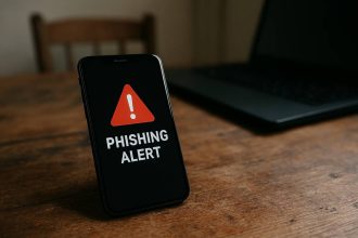 Pametni telefon na drvenoj površini prikazuje phishing upozorenje; u pozadini zamagljen laptop i stolica. Vizualna metafora digitalne prijetnje u svakodnevnom okruženju.