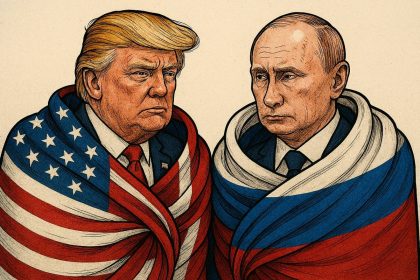 lustracija Donalda Trumpa i Vladimira Putina obavijenih američkom i ruskom zastavom, s ozbiljnim izrazima lica, prikazuje političku simboliku i napetost bez konkretnog dogovora.