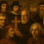 Realistična slika u stilu starih majstora prikazuje devet povijesnih velikana — Newtona, Dantea, Einsteina, da Vincija i druge — okupljene oko čovjeka koji drži križ, simbolizirajući njihovu povezanost sa vjerom unatoč znanstvenim i umjetničkim dostignućima.