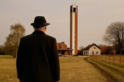 Čovjek, okrenut leđima, u crnom kaputi i sa crnim šeširom na glavi gleda u pravcu lokalne crkve u ravnici.