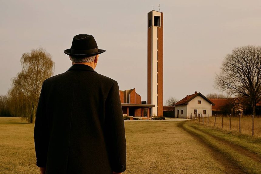 Čovjek, okrenut leđima, u crnom kaputi i sa crnim šeširom na glavi gleda u pravcu lokalne crkve u ravnici.