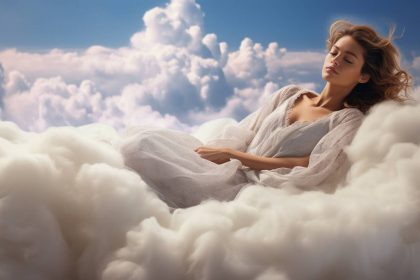 Žena u bjelom spav ana bijelim oblacima.