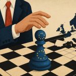 Ilustracija: Šahovska igra u kojoj SAD igra simulitanku na način da povlači potez pješakom, a pješaka predstavlja EU.