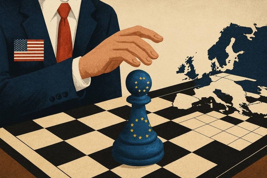 Ilustracija: Šahovska igra u kojoj SAD igra simulitanku na način da povlači potez pješakom, a pješaka predstavlja EU.