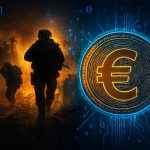 Ilustracija, ratna situacija sa vojnicima. Pored simbol digitalnog eura iza kojeg je simbolično nacrtan binarni kod.