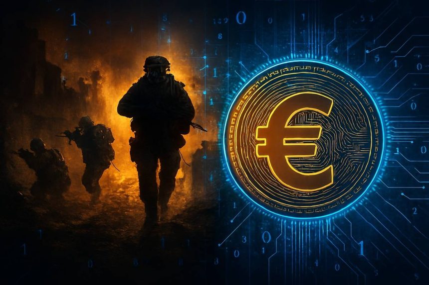 Ilustracija, ratna situacija sa vojnicima. Pored simbol digitalnog eura iza kojeg je simbolično nacrtan binarni kod.