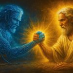 Sukob Boga i digitalnog Antiboga, klasični prikaz božanstva nasuprot algoritamskom biću koje izlazi iz monitora. Sudar svjetla i kontrole.