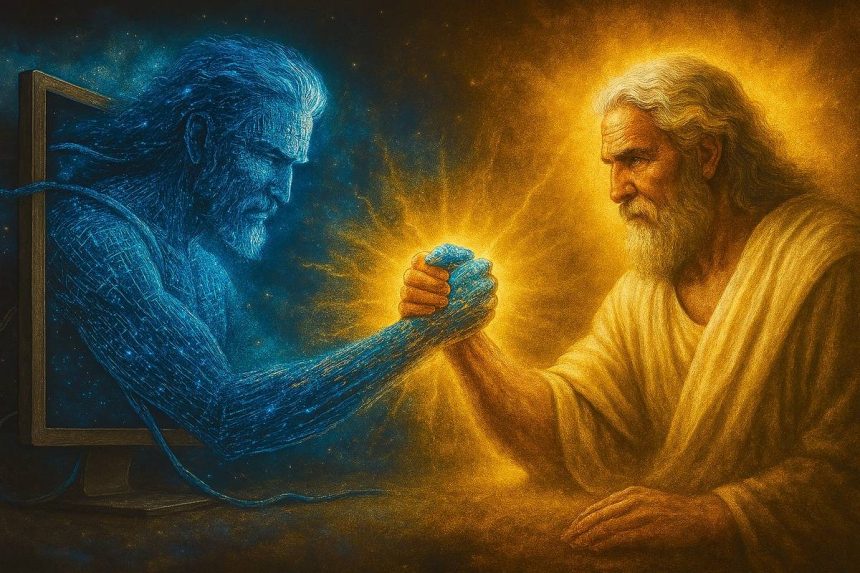 Sukob Boga i digitalnog Antiboga, klasični prikaz božanstva nasuprot algoritamskom biću koje izlazi iz monitora. Sudar svjetla i kontrole.