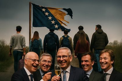 Ilustracija: Mladi ljudi odlaze iz države koju na slici simbolizira zastava BiH dok se političari, u krupnom planu, cinično smiju i nazrdavljaju svojem "uspjehu"