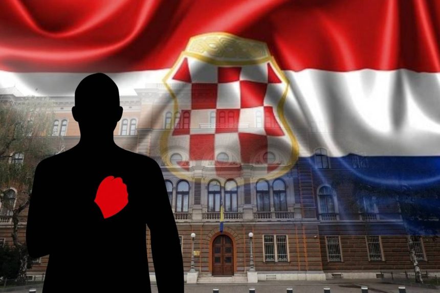 Silueta muškarca s crvenom šakom na srcu ispred zgrade Predsjedništva BiH, s hrvatskom trobojnicom i grbom Herceg-Bosne iznad.