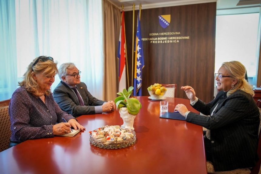 Veleposlanik Njemačke u BiH u razgovoru s Predsjednicom Federacije BiH. Razgovaraju za stolom u uredu Predsjednice.