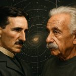 Fotorealističan portret Nikole Tesle i Alberta Einsteina u misaonom klinču, s pozadinom svemira i spiralnim dijagramima koji simboliziraju sukob ideja o zakrivljenosti prostora.