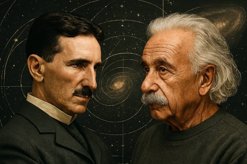 Fotorealističan portret Nikole Tesle i Alberta Einsteina u misaonom klinču, s pozadinom svemira i spiralnim dijagramima koji simboliziraju sukob ideja o zakrivljenosti prostora.