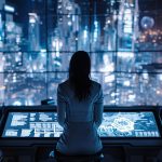 Žena u futurističkom uredu upravlja digitalnim sustavima, dok kroz prozor promatra osvijetljeni grad, simbol algoritamske kontrole nad društvom.