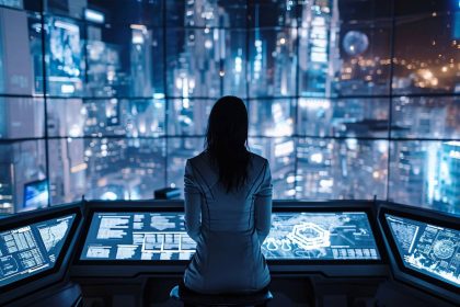 Žena u futurističkom uredu upravlja digitalnim sustavima, dok kroz prozor promatra osvijetljeni grad, simbol algoritamske kontrole nad društvom.