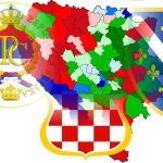Etnička mapa Bosne i Hercegovine u pozadini, preko nje dominiraju i s njom se stapaju grbovi naroda u BiH.