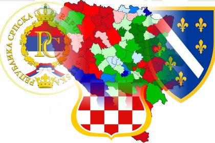 Etnička mapa Bosne i Hercegovine u pozadini, preko nje dominiraju i s njom se stapaju grbovi naroda u BiH.