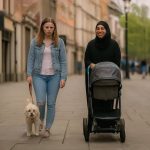 Europska žena s psom i muslimanka s kolicima hodaju zajedno gradskom ulicom.