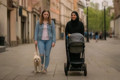 Europska žena s psom i muslimanka s kolicima hodaju zajedno gradskom ulicom.