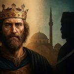 Fotorealistična kompozicija s kraljem Tvrtkom u sjeni osmanskog vojnika i džamije s minaretom; simbolizira identitetski raskol u Bosni.