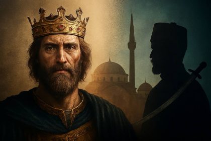 Fotorealistična kompozicija s kraljem Tvrtkom u sjeni osmanskog vojnika i džamije s minaretom; simbolizira identitetski raskol u Bosni.