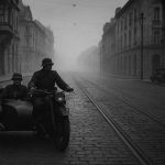 Njemačka vojna trokolica s dvojicom vojnika vozi pustim beogradskim ulicama 1941. godine