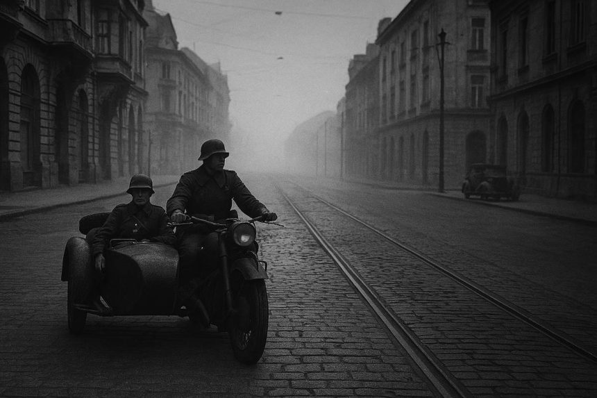 Njemačka vojna trokolica s dvojicom vojnika vozi pustim beogradskim ulicama 1941. godine