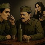 Dva partizanska vojnika sjede za stolom i piju alkohol. U pozadii uplakana žena s dvoje male djece.