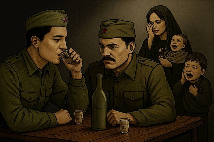 Dva partizanska vojnika sjede za stolom i piju alkohol. U pozadii uplakana žena s dvoje male djece.