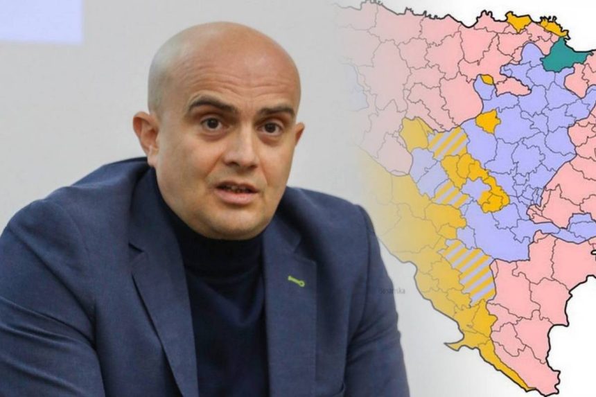 Slaven Raguž, portret. U pozadini slika mape Bosne i Hercegovine s priedlogom novog ustavnog rješenja za BiH.