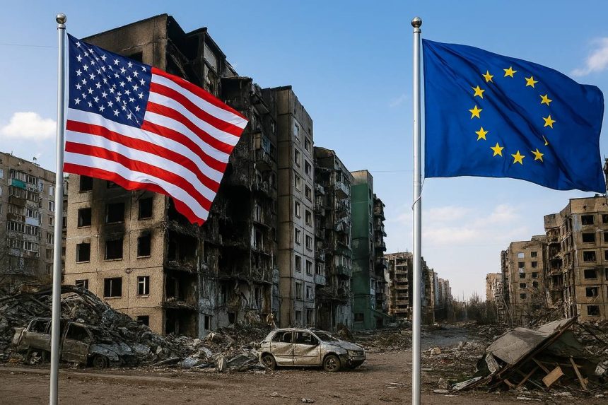 Uništena urbana zona u Ukrajini s američkom i europskom zastavom među ruševinama; vizualna metafora stranog utjecaja u obnovi zemlje.