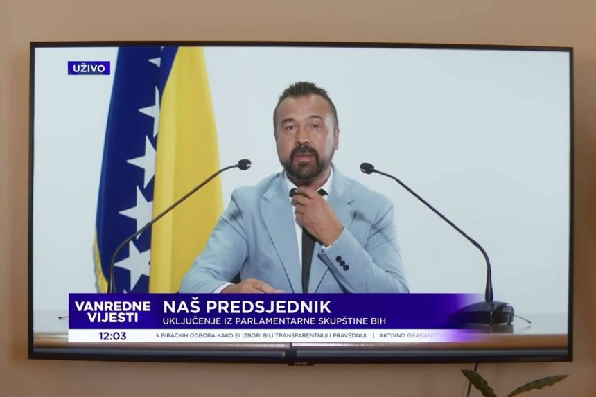 Ilustracija, imaginarni političar za govornicom. Iza njega stoji zastava BiH.