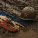 Oštećeni vojni šljem s crvenom petokrakom i poderana zastava Jugoslavije leže u blatnjavom tlu, simbolizirajući napuštenu ideologiju bratstva i jedinstva.