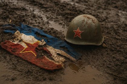 Oštećeni vojni šljem s crvenom petokrakom i poderana zastava Jugoslavije leže u blatnjavom tlu, simbolizirajući napuštenu ideologiju bratstva i jedinstva.