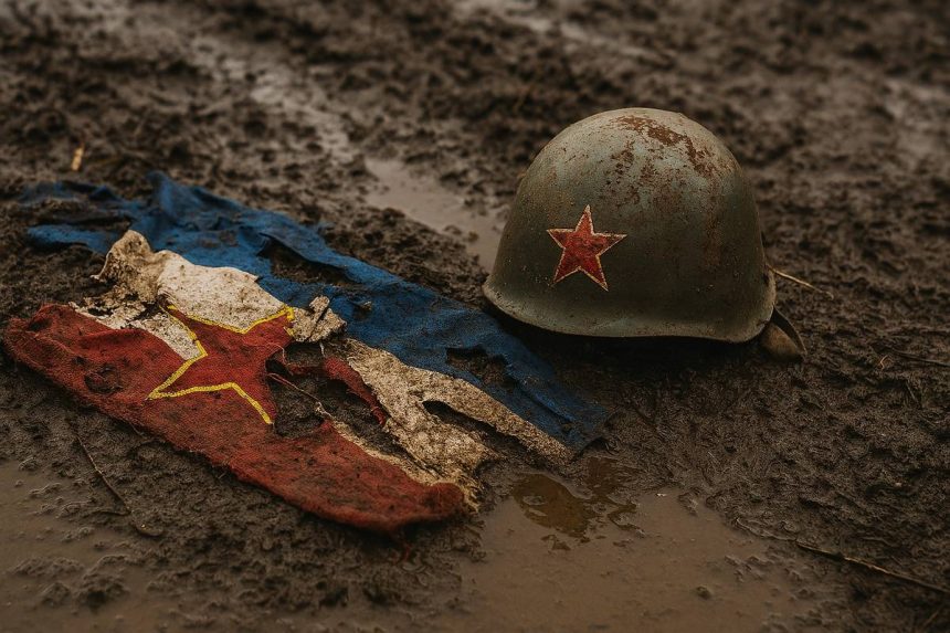 Oštećeni vojni šljem s crvenom petokrakom i poderana zastava Jugoslavije leže u blatnjavom tlu, simbolizirajući napuštenu ideologiju bratstva i jedinstva.