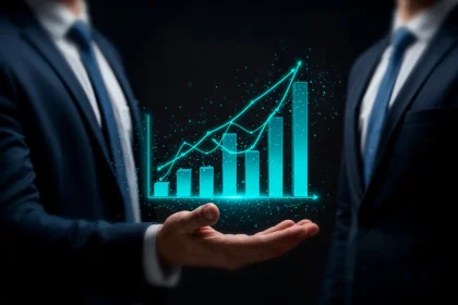 Ekonomist u odijelu drži virtualni graf u ruci koji prikazuje poslovni uspjeh.