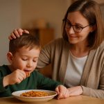 Dijete sjedi za stolom i jede topli obrok, dok ga stručna radnica centra nježno gladi po kosi u znak podrške i brige.
