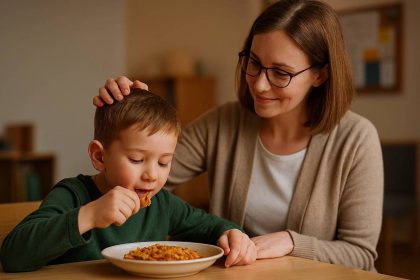 Dijete sjedi za stolom i jede topli obrok, dok ga stručna radnica centra nježno gladi po kosi u znak podrške i brige.